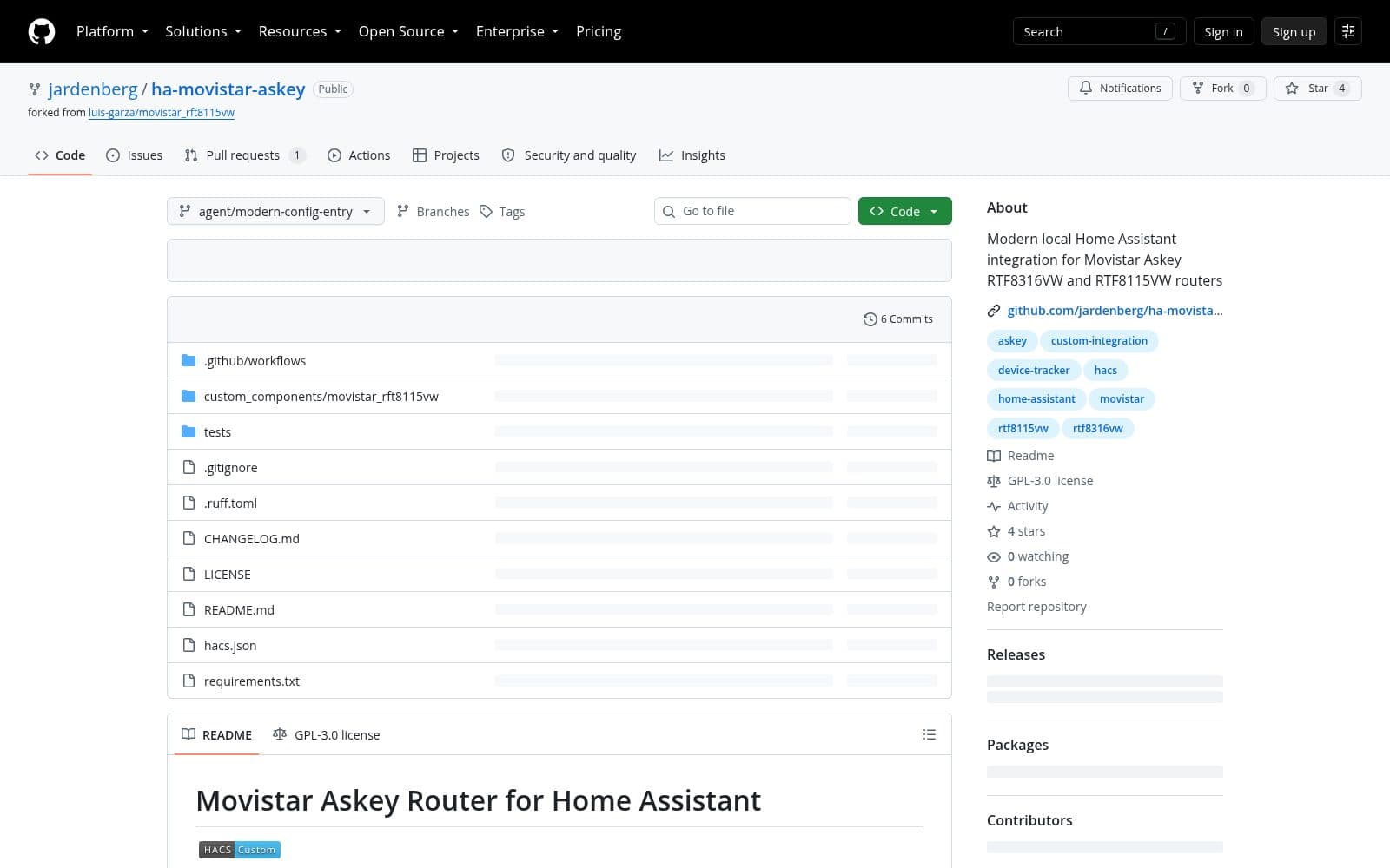 Skärmdump av Movistar Askey Router for Home Assistant