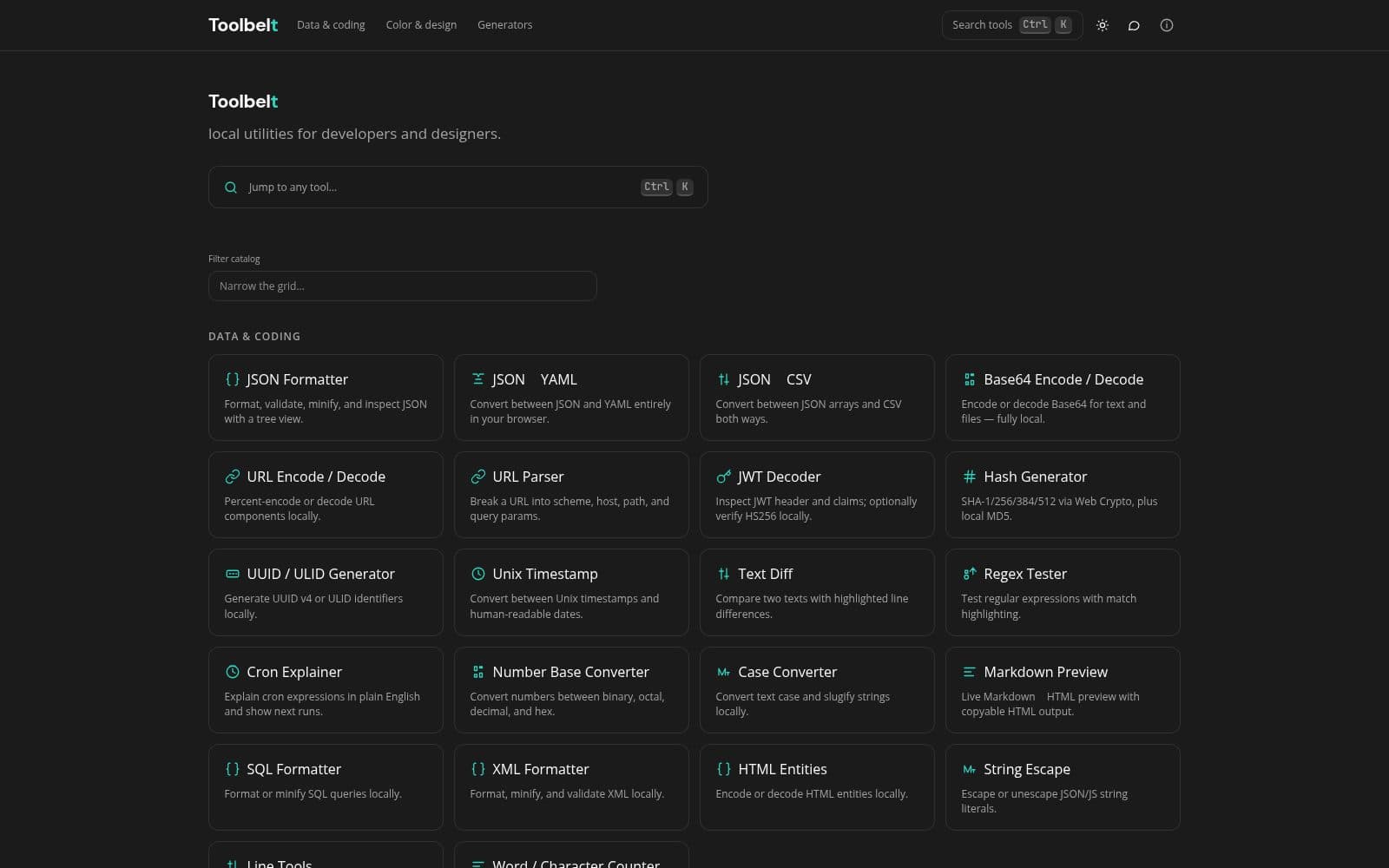 Screenshot of Toolbelt — local utilities for developers and designers