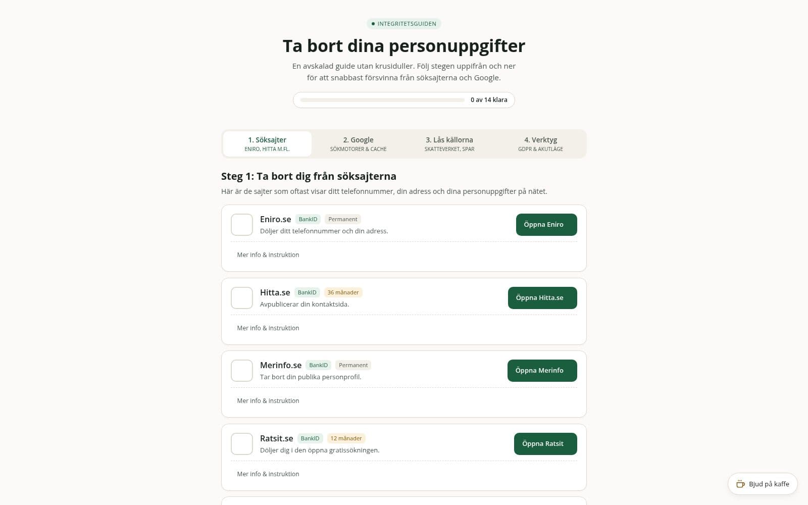 Screenshot of Integritetsguiden — remove your personal data