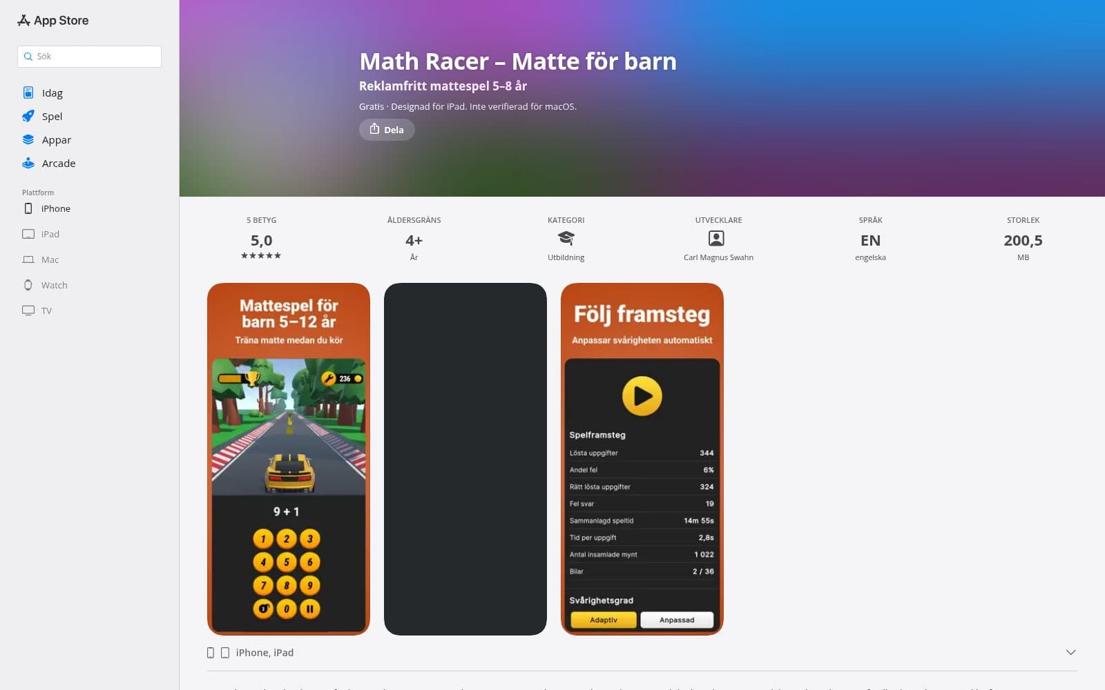 Screenshot of The Math Racer app – maths for children