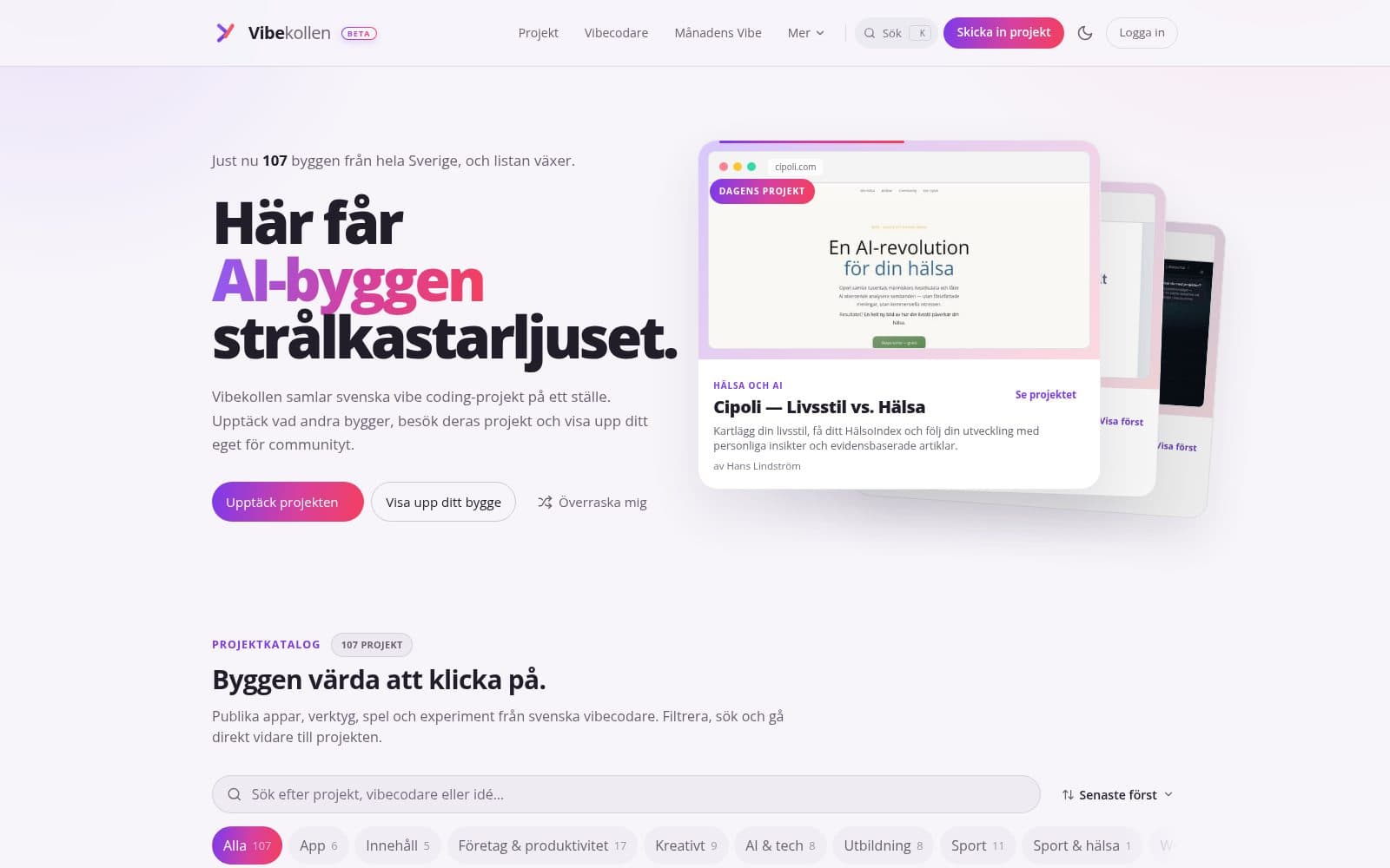 Screenshot of Vibekollen – the showcase for vibe coding