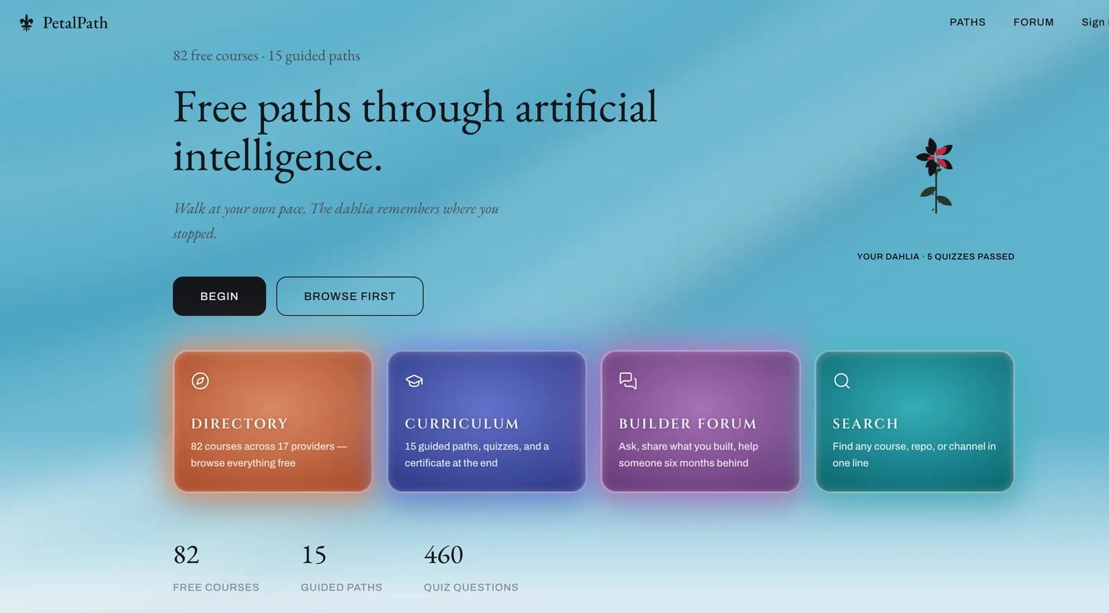 Screenshot of PetalPath — Free paths through artificial intelligence