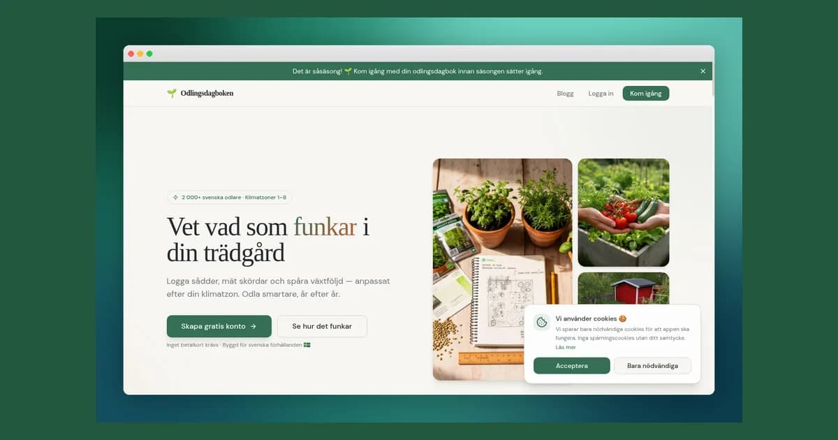 Screenshot of Odlingsdagboken – sowing calendar, growing plan and harvest log