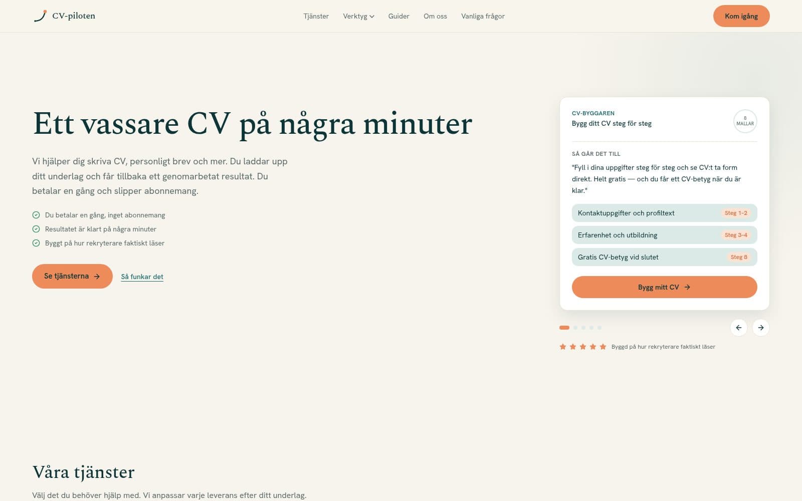 Screenshot of AI CV help in Swedish — review, cover letter, interview | CV-piloten