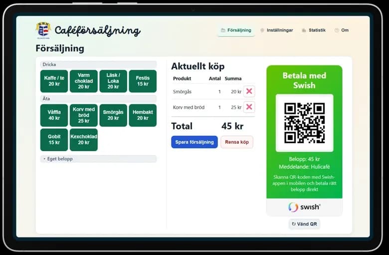 Screenshot of KioskApp - a free point-of-sale system with Swish for clubs, kiosks and events