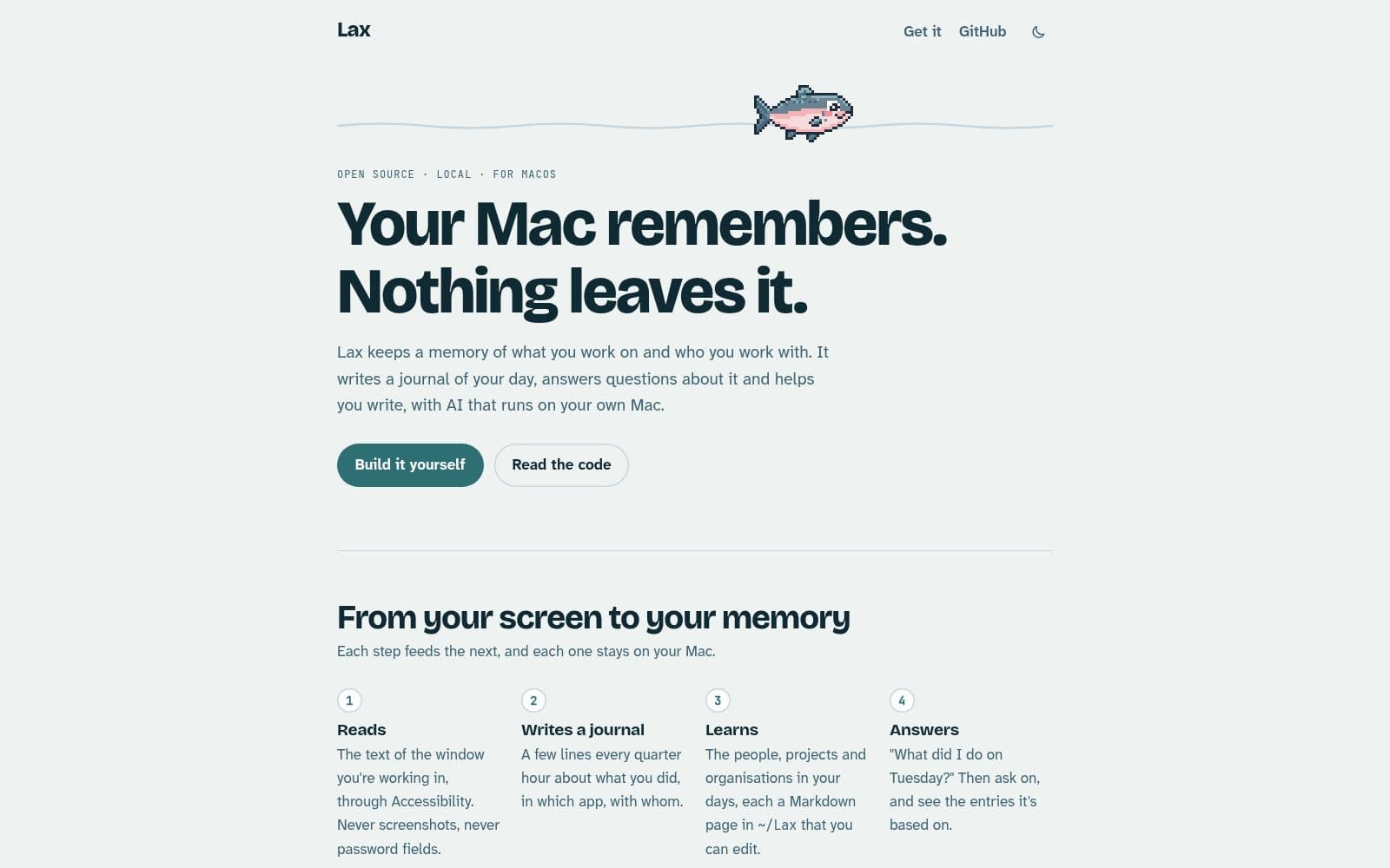 Screenshot of Lax — a private memory for your Mac