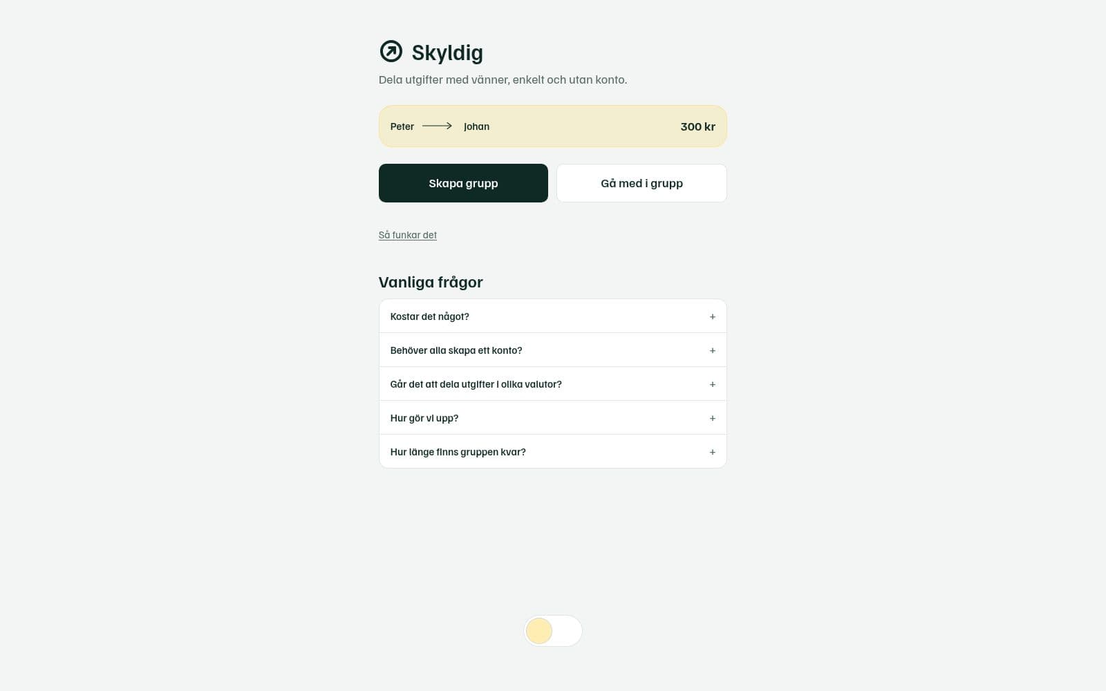 Screenshot of Skyldig – dela utgifter i gruppen, utan konto