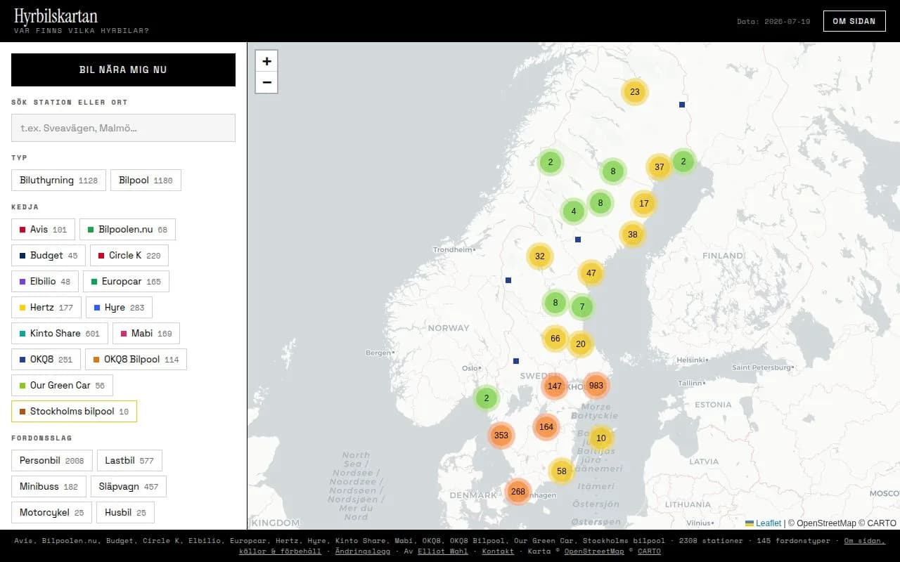 Screenshot of Hyrbilskartan – which hire cars are where?