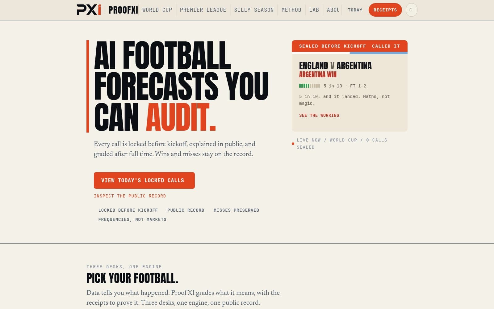 Screenshot of ProofXI · Transparent AI football forecasts