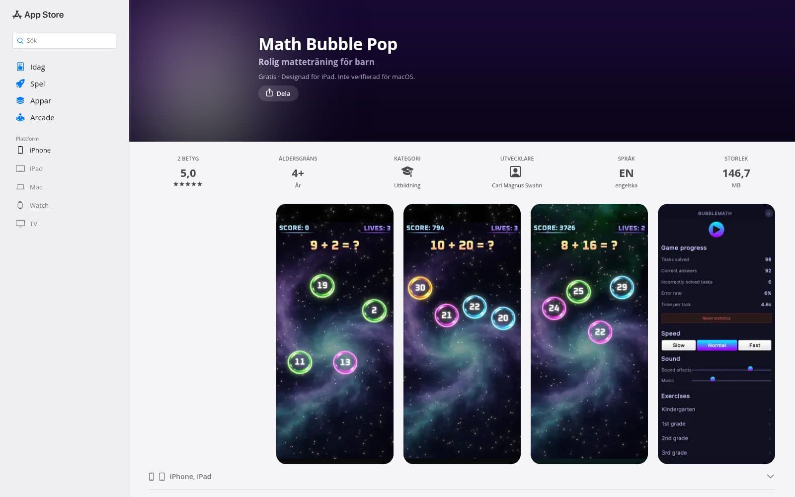 Screenshot of The Math Bubble Pop app
