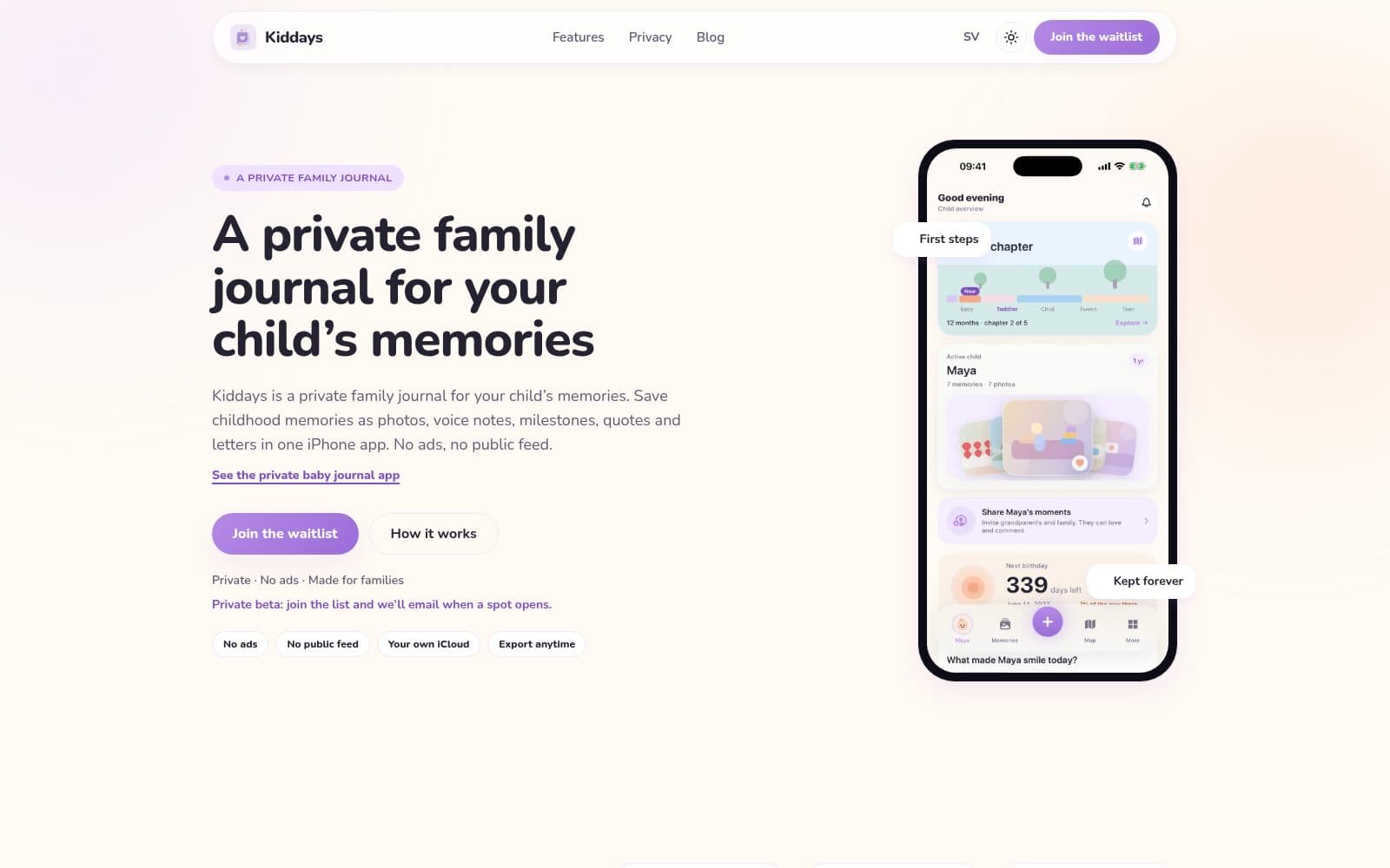 Screenshot of Kiddays — Private family journal for childhood memories