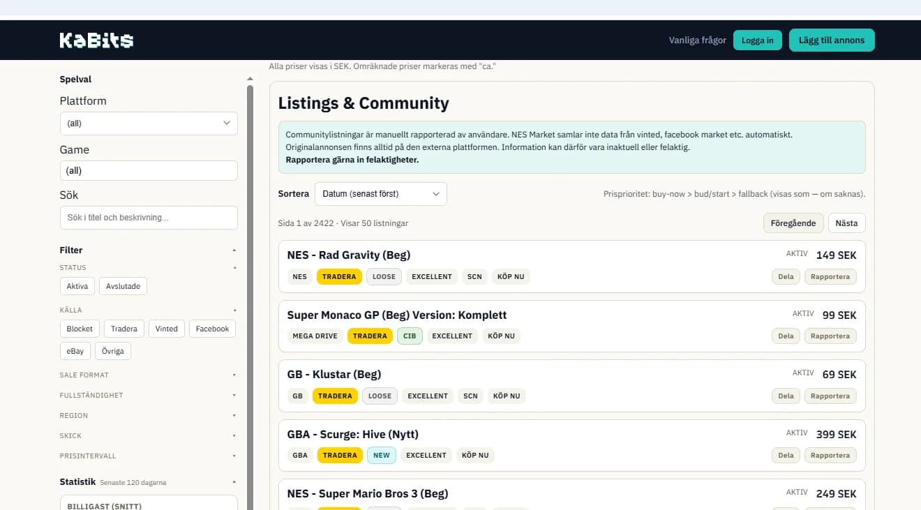 Screenshot of Kabits – Nordic price charting for retro games