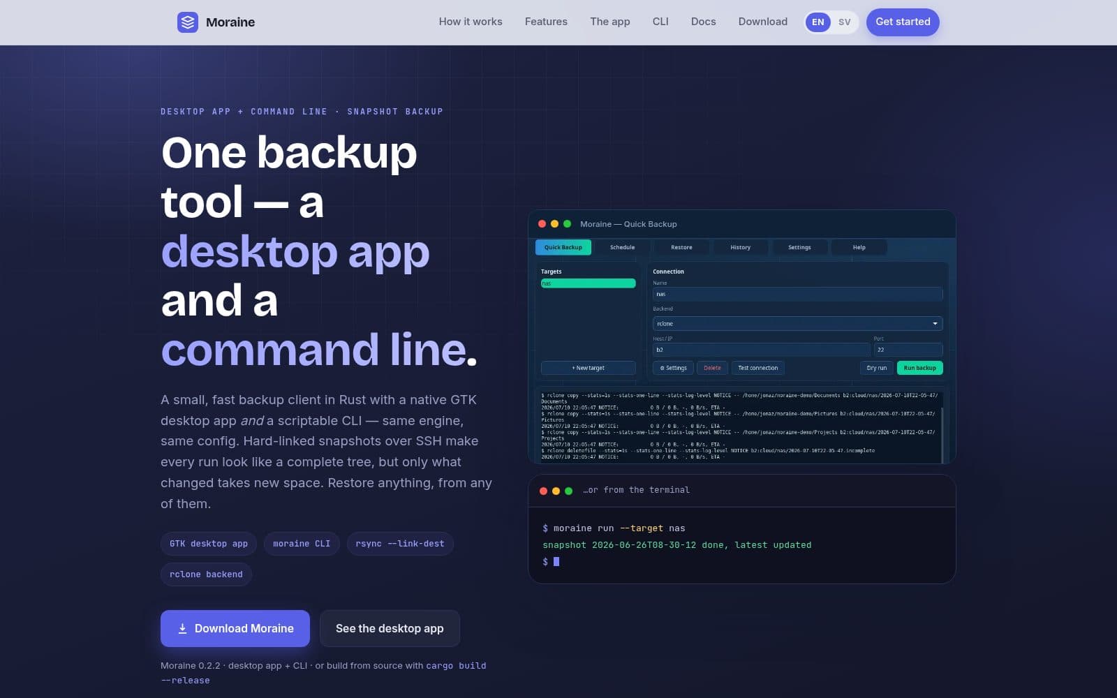 Screenshot of Moraine — snapshot backup over SSH/rsync and rclone
