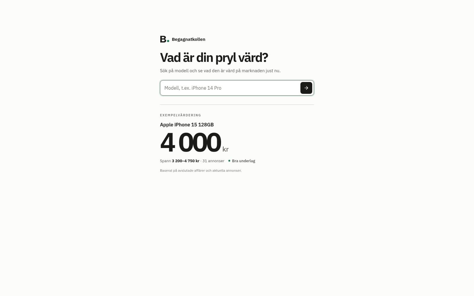 Screenshot of Begagnatkollen · What's your stuff worth?