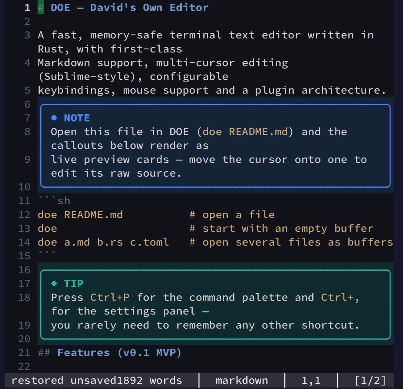 Screenshot of DOE: fast, memory-safe terminal text editor