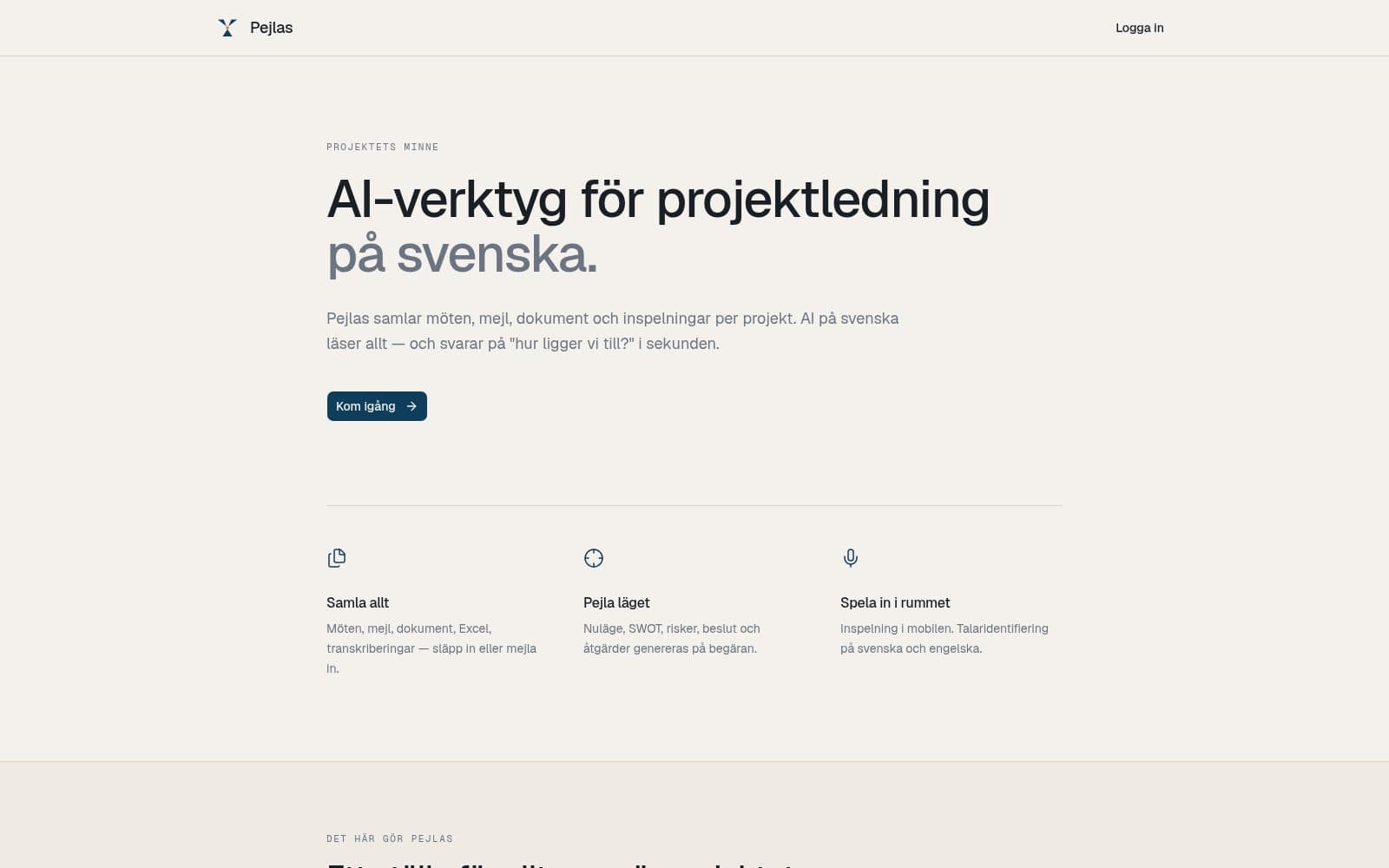 Screenshot of Pejlas — AI project management tools in Swedish