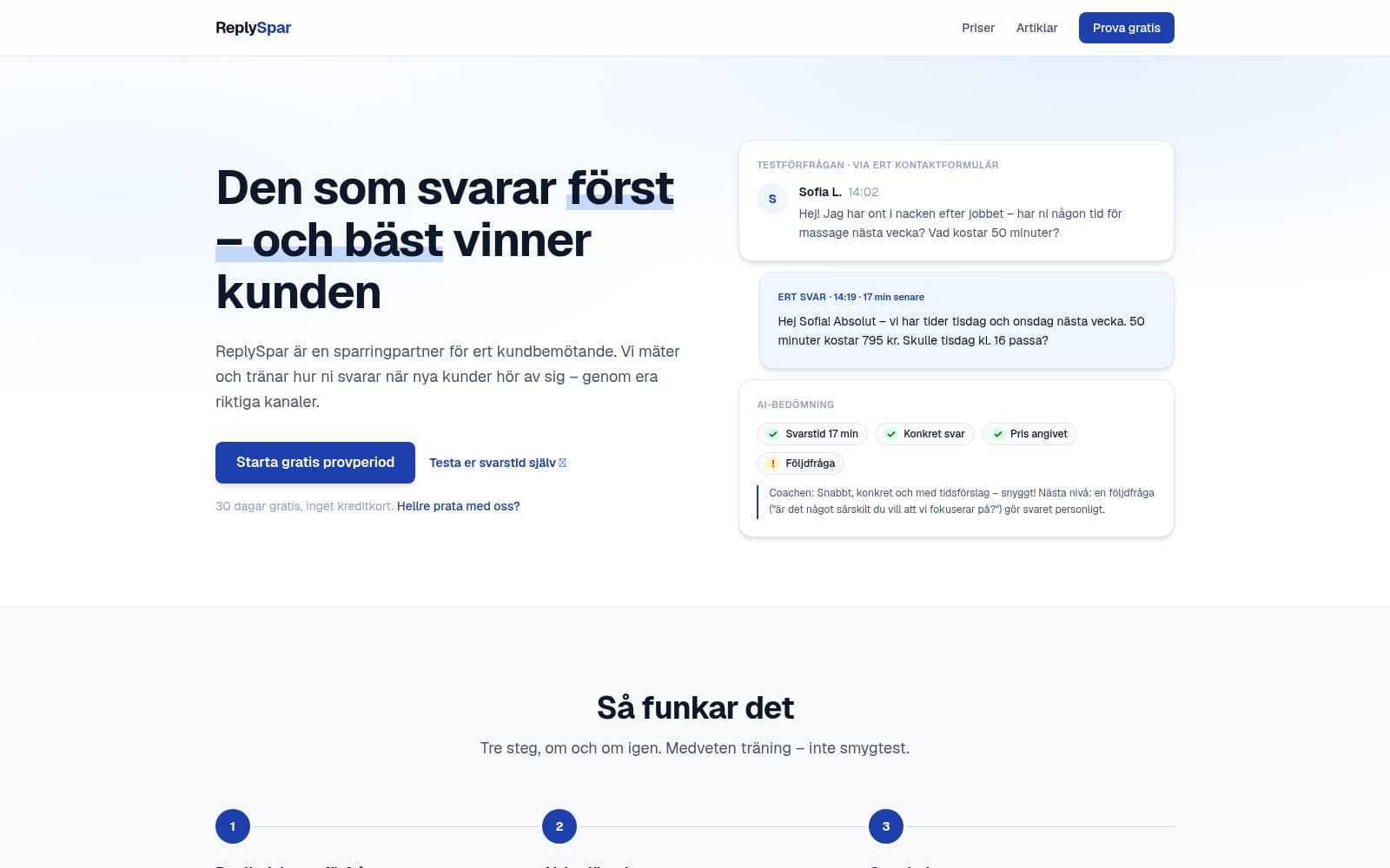 Screenshot of ReplySpar — a sparring partner for how you meet customers