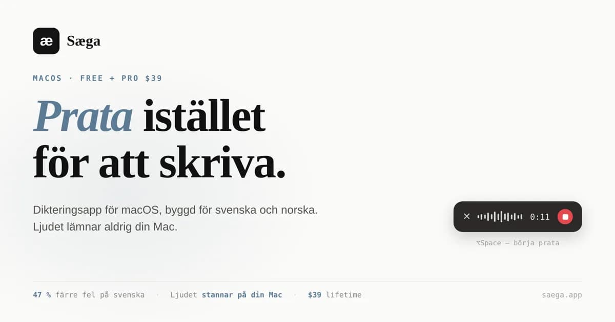 Screenshot of Sæga — Speak instead of typing.