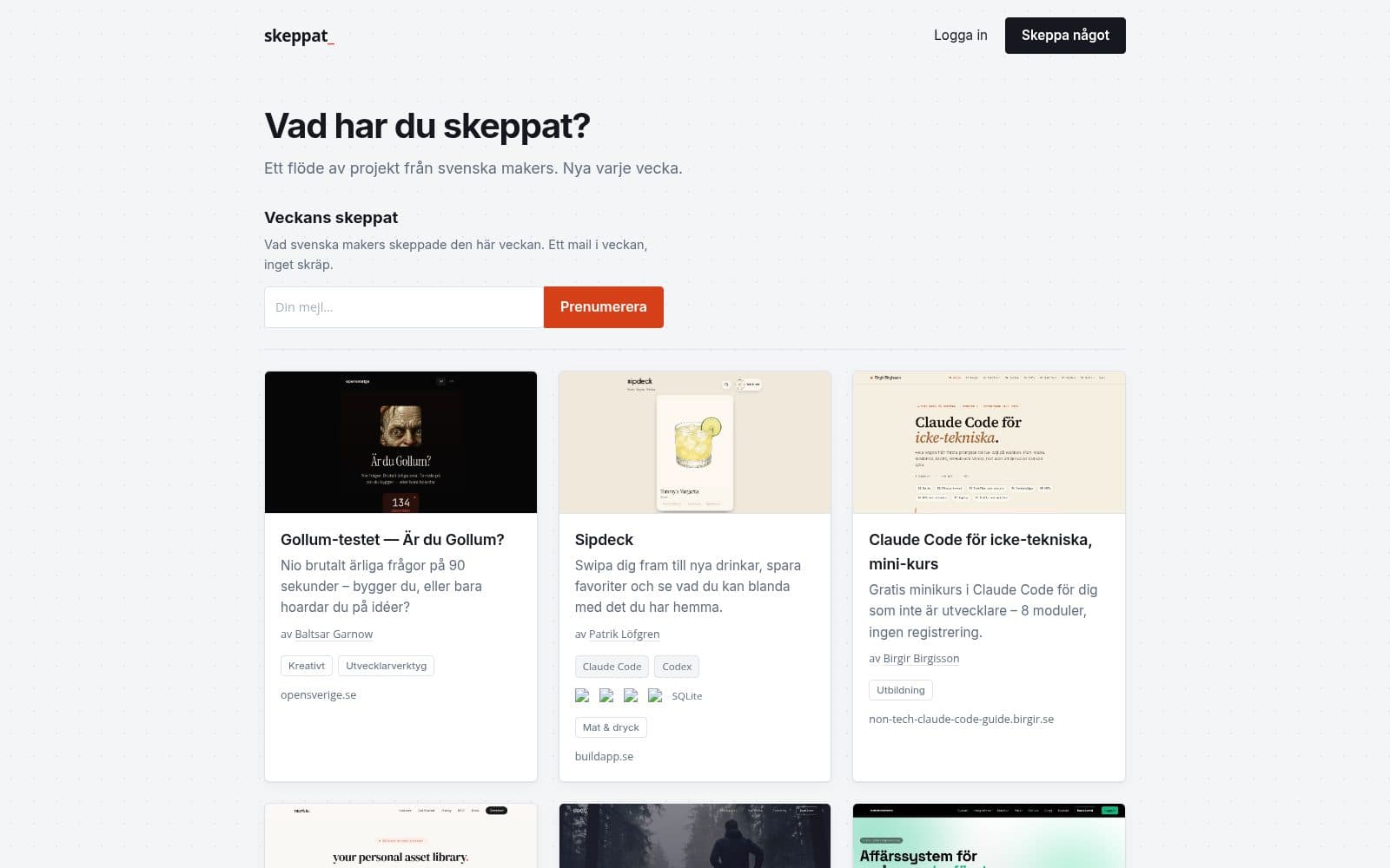 Screenshot of Skeppat · Swedish makers showing what they built
