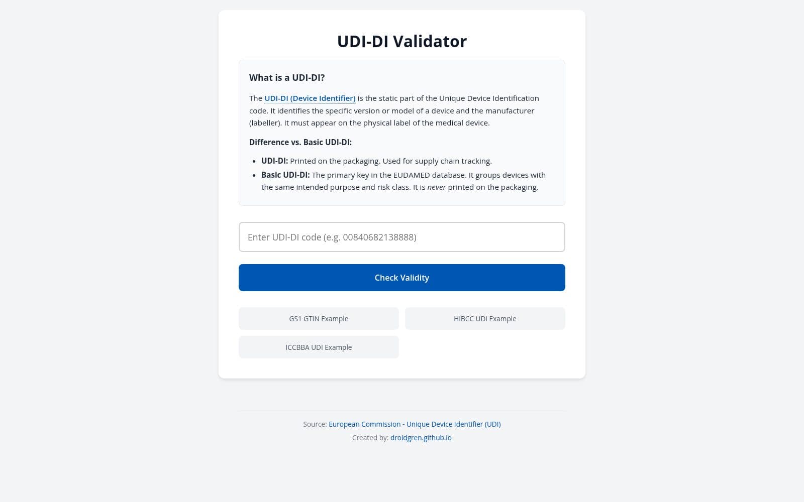 Screenshot of UDI-DI Validator