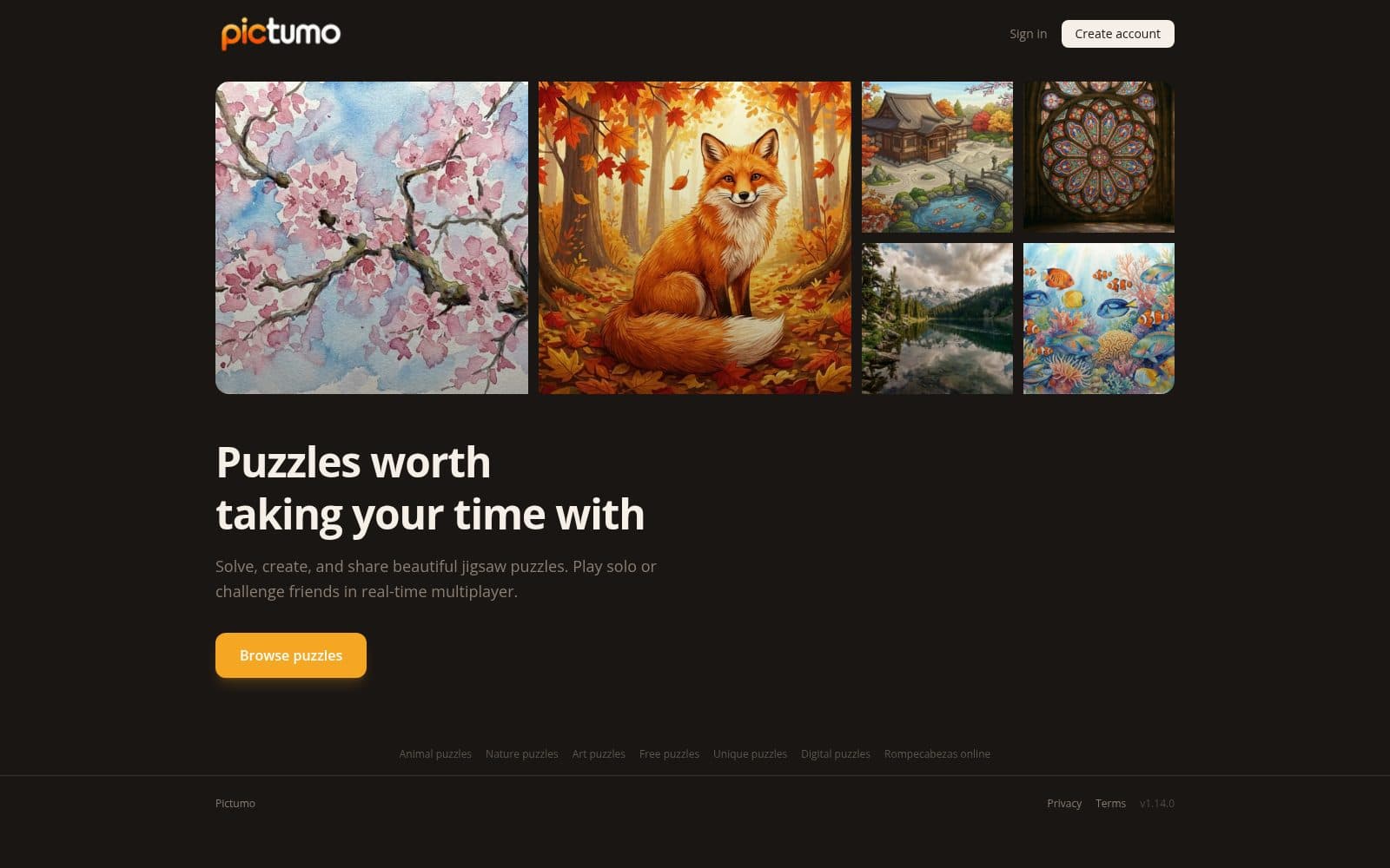 Screenshot of Pictumo — Free Beautiful Jigsaw Puzzles Online