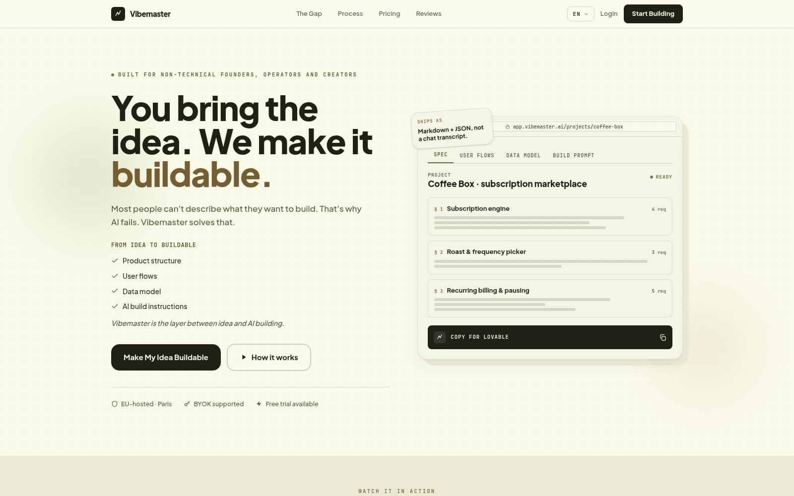 Screenshot of Vibemaster — Turn your idea into a spec AI can build