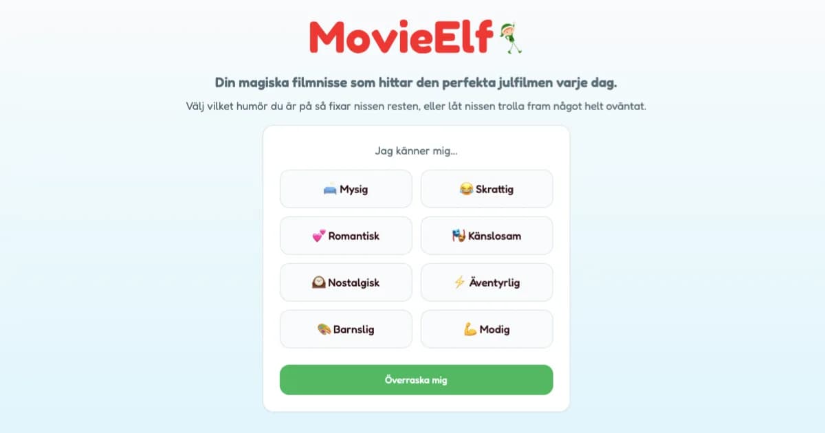 Screenshot of MovieElf · find the perfect Christmas film for your mood