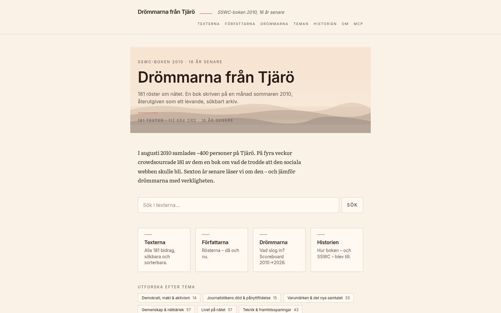 Skärmdump av Drömmarna från Tjärö / SSWC-boken