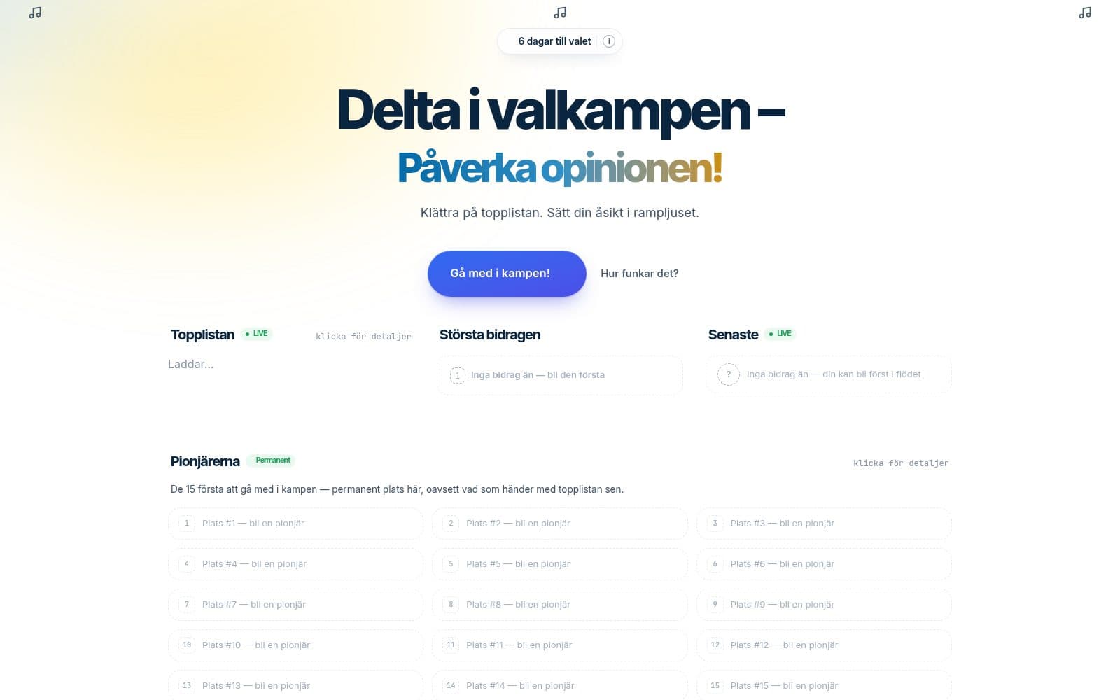 Screenshot of valkampen.lol — gå med i kampen inför valet 2026