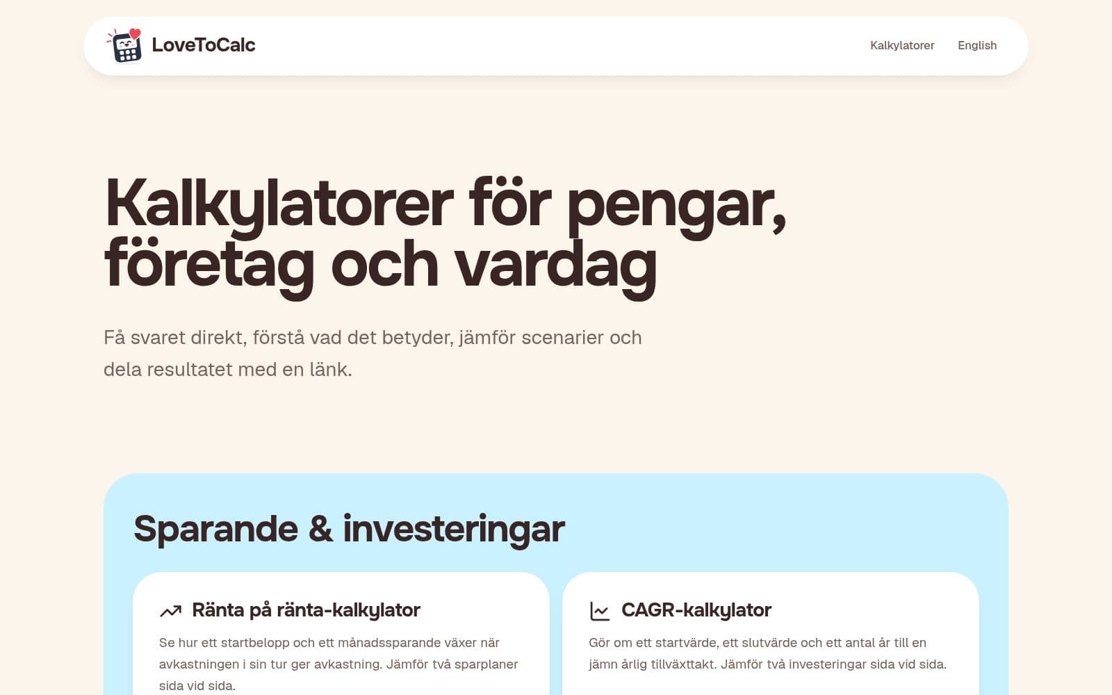 Skärmdump av LoveToCalc — Kalkylatorer för pengar, företag och vardag