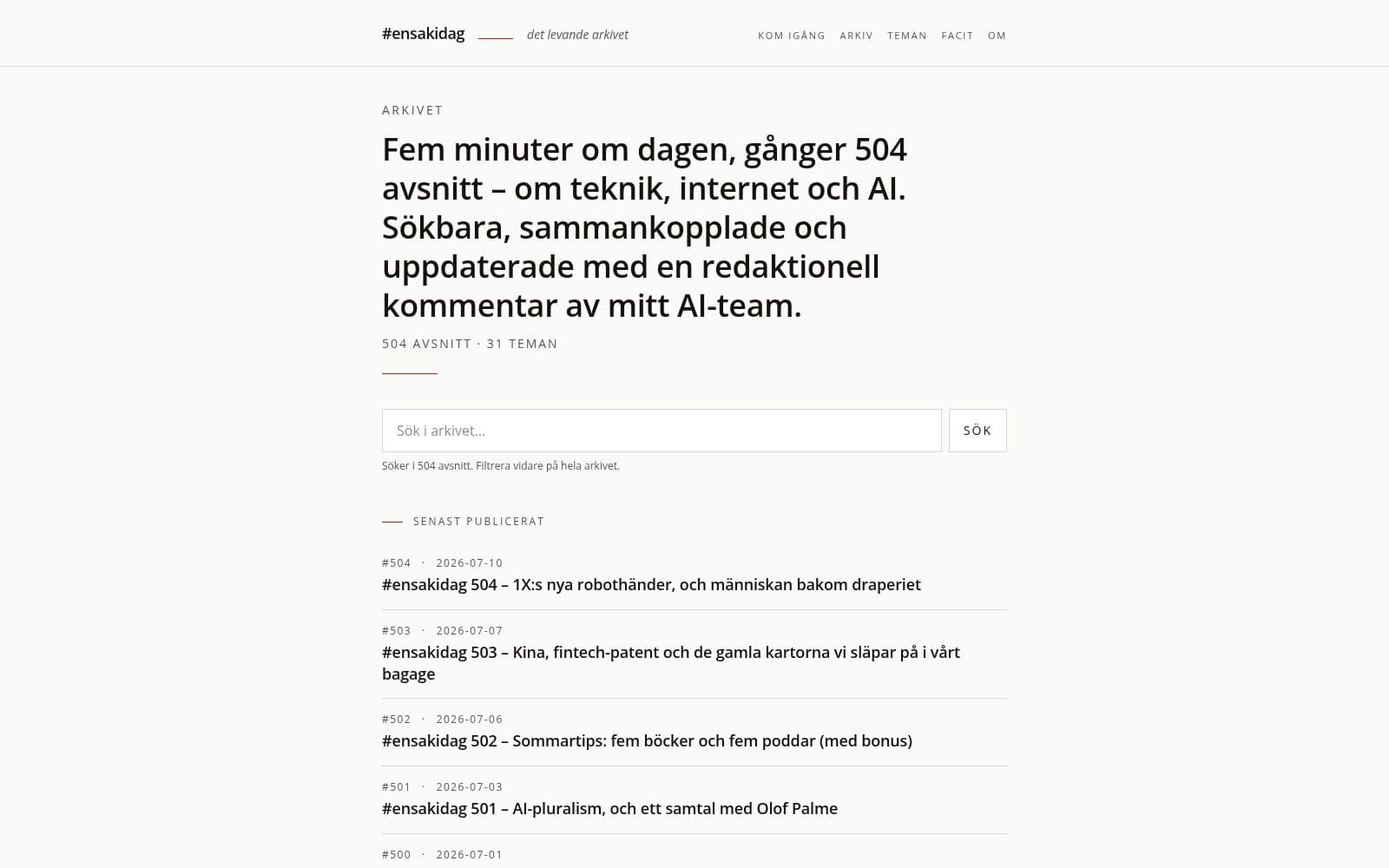 Skärmdump av #ensakidag - det levande arkivet
