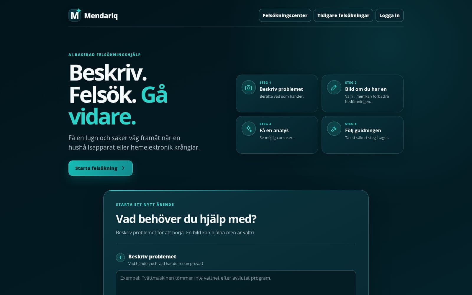 Screenshot of Mendariq – AI-felsökning för hemmet