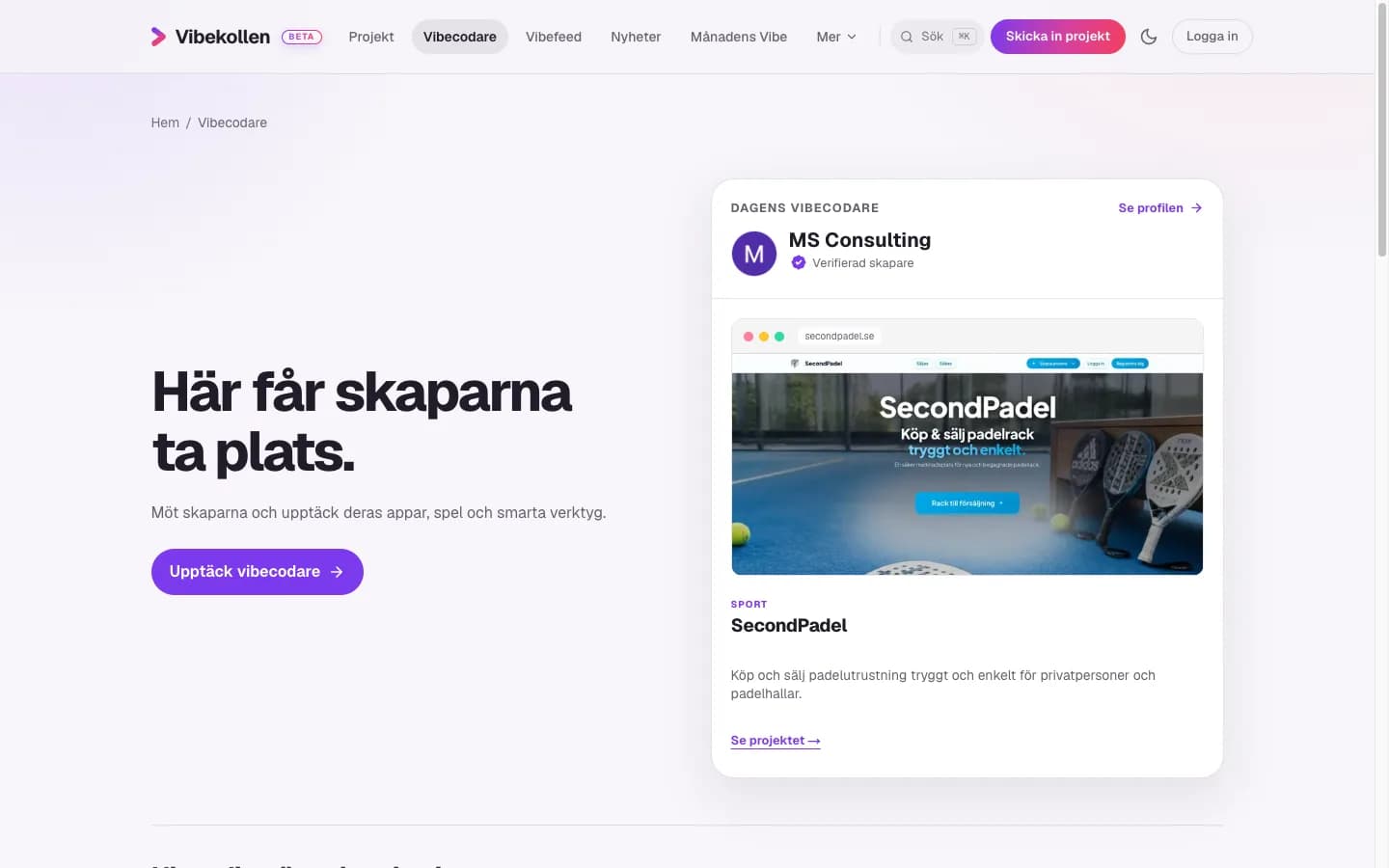 På Vibecodarsidan möter du skaparna och kan bläddra bland deras projekt innan du öppnar profilen.