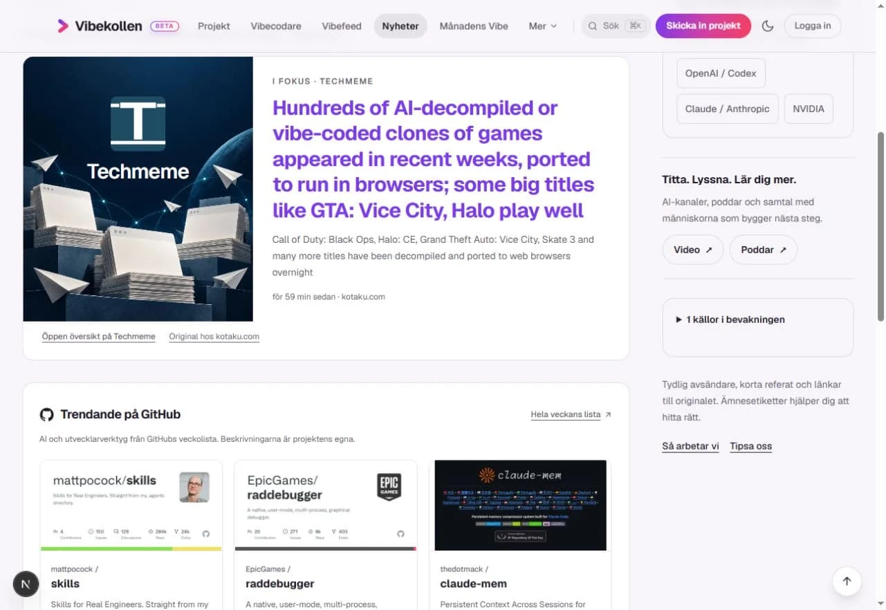 A separate section shows AI and developer tools from GitHub’s weekly list, with repository covers, stars, forks and weekly growth.