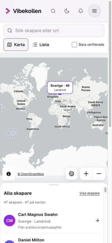 Explore creators’ shared locations on the map. Countries and cities are shown separately, and the creator panel collapses on mobile.