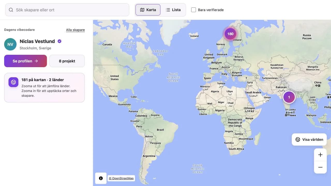 Each country's total appears on the overview map. Zoom in to see creators' real cities.